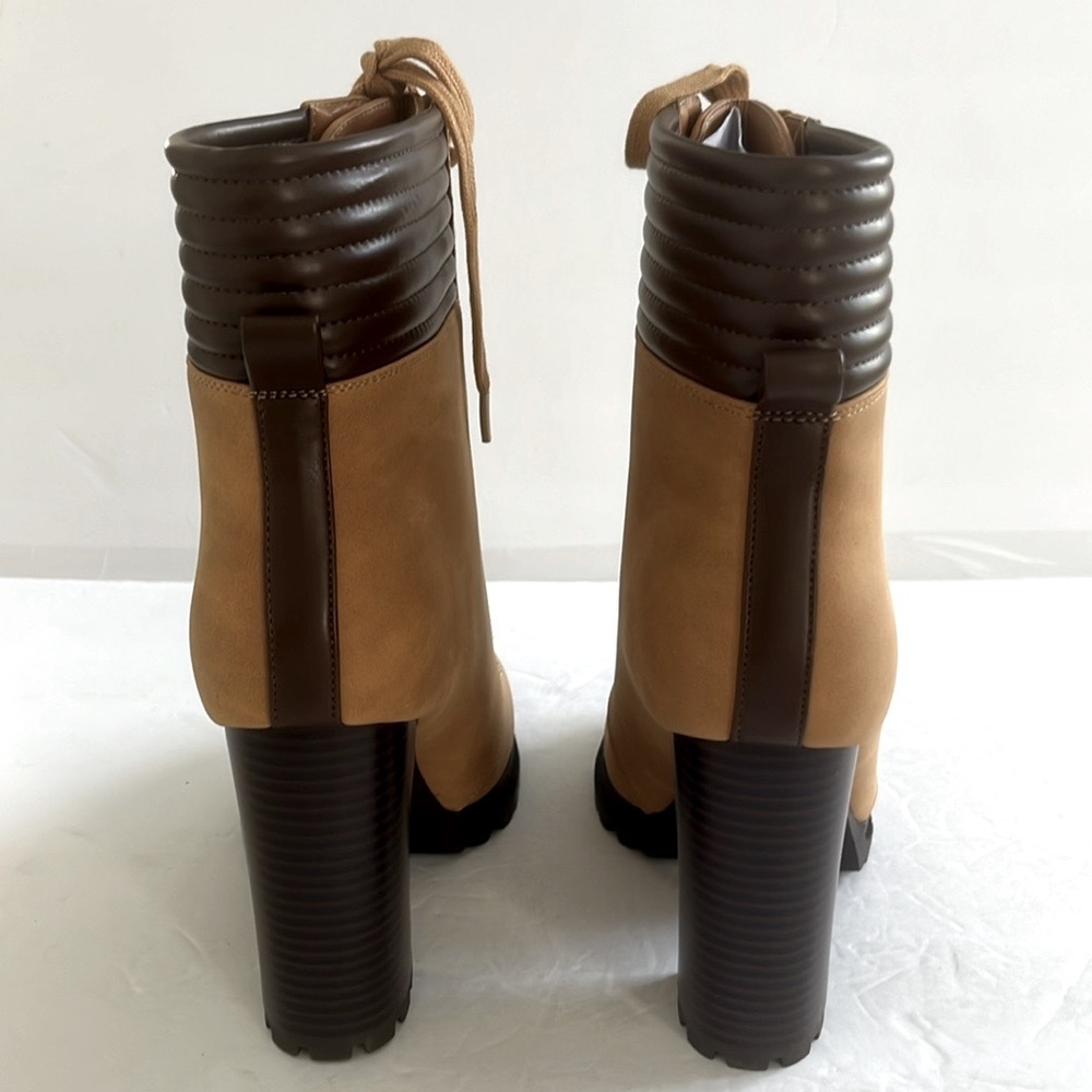 JUST FAB Shandee Tan Ankle Lace Up Block Heel Boots Chelsea Shoes Size 7 Wide - Picture 9 of 11